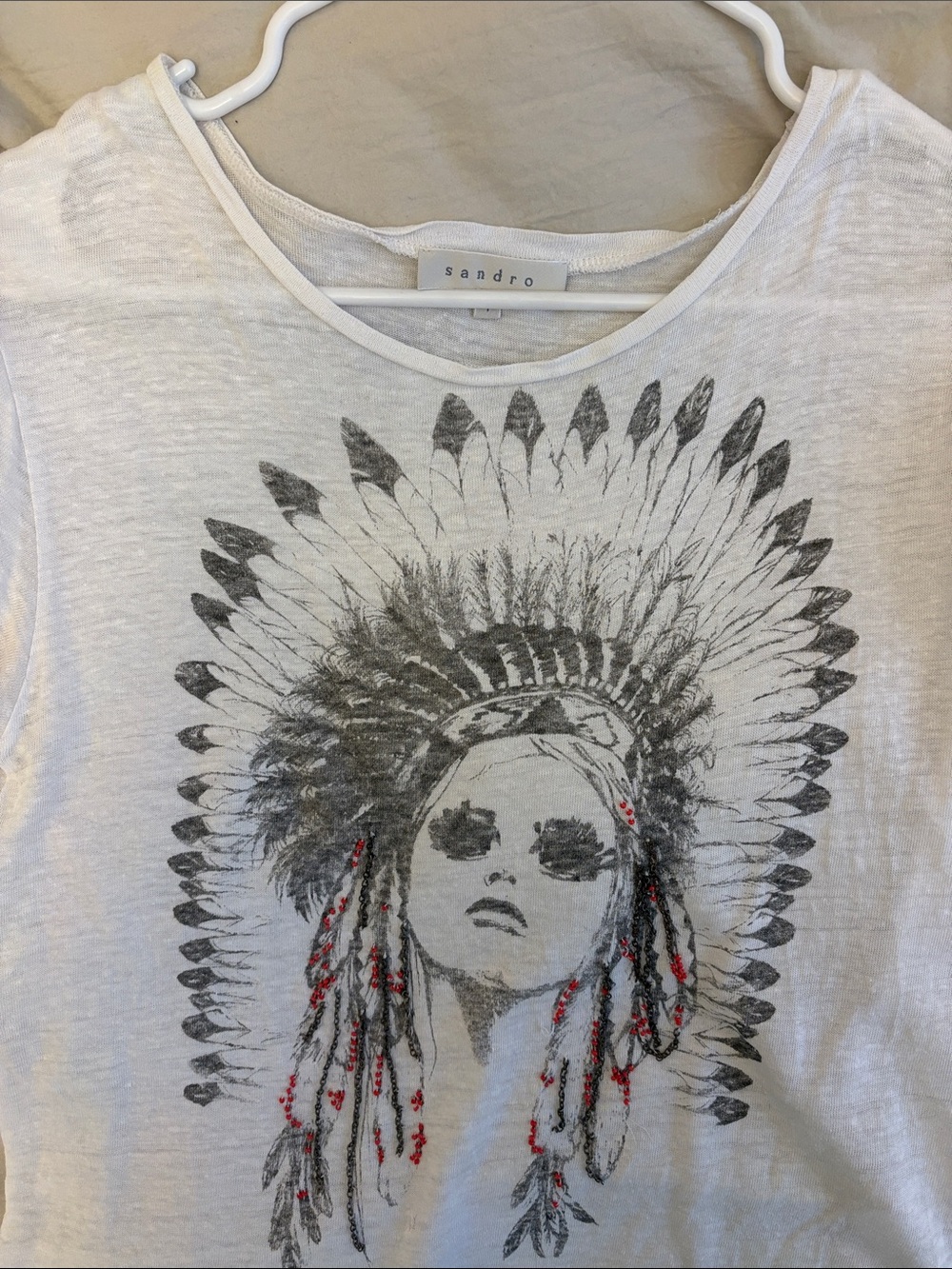 Sandro White Tee with Gray Feather Headdress and Red Accents